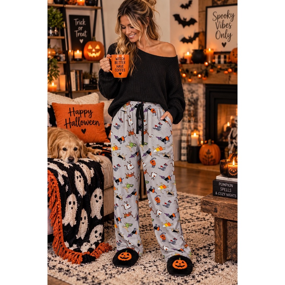 Isaac Mizrahi Halloween Cat Print Pajama Pants Gray Women's Large L Drawstring